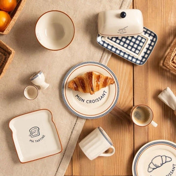 Set 2 assiettes grès motif croissant et vichy 21 cm Blanc Brunch Table Passion