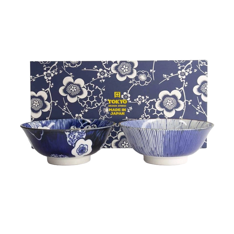Coffret 2 bols Mino Blue 1L en porcelaine blanc & bleu Tokyo Design
