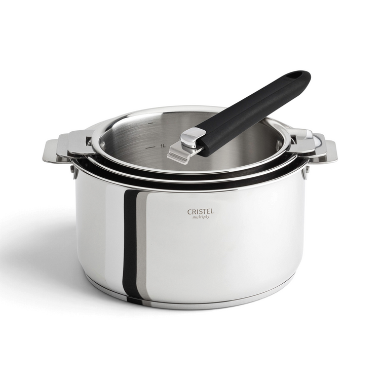 Set de 3 casseroles en inox Du Bruit dans la Cuisine Cristel Casteline avec poignée amovible noire