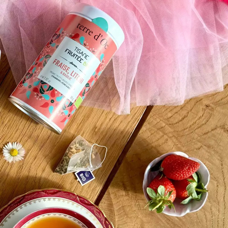 Tisane fraise, litchi et basilic bio en vrac 80g Terre d'Oc